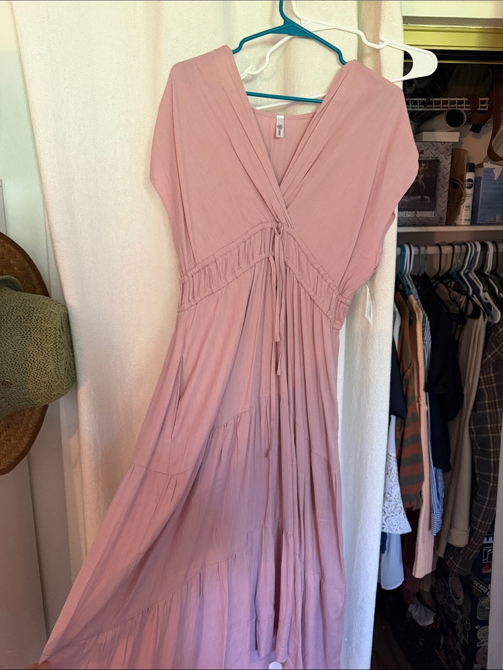 Women's Blush Pink V-Neck Tiered Maxi Dress with Waist Tie